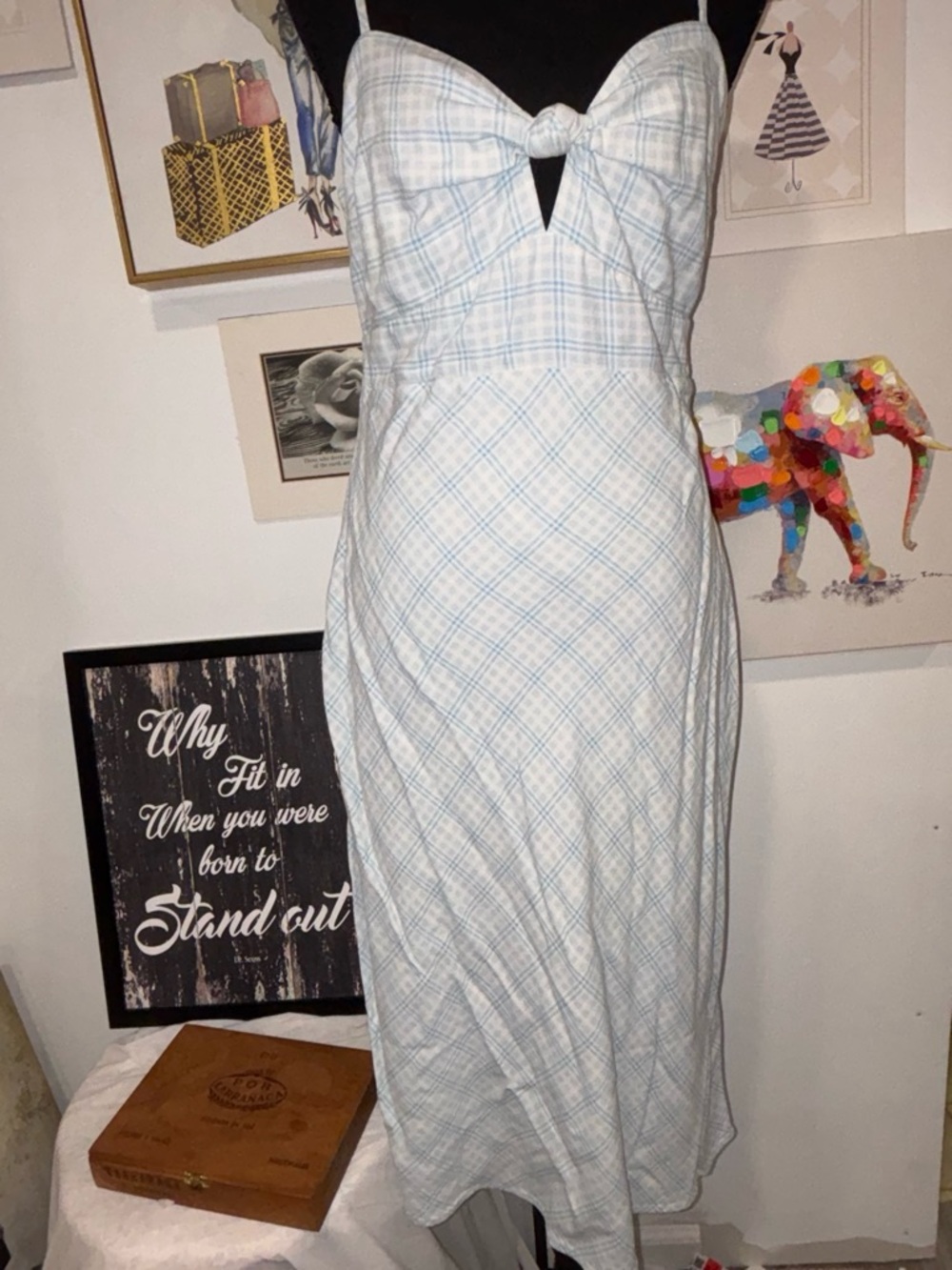 Abercrombie & Fitch Light Blue Plaid Asymmetrical Midi Dress